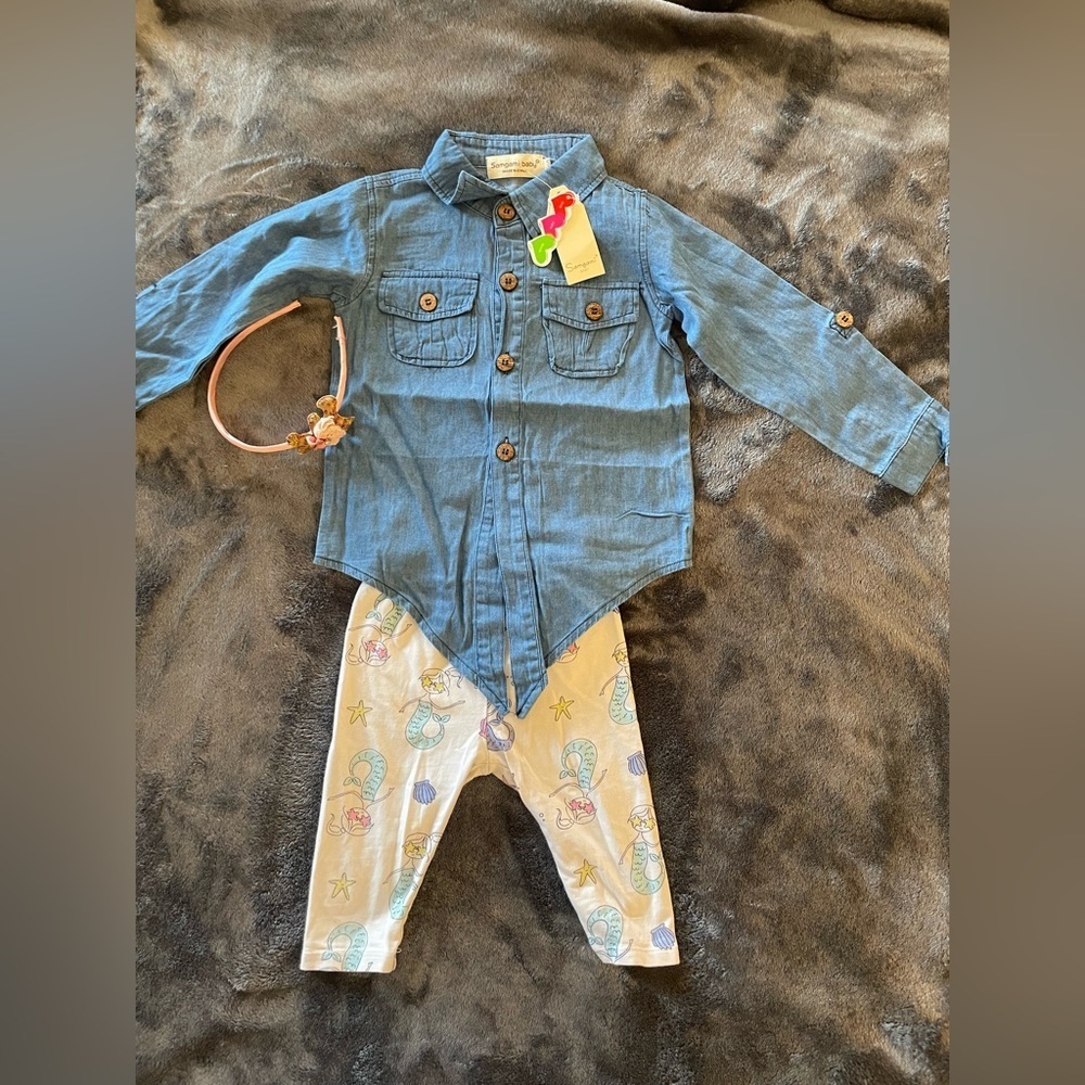 Bundle of 3: NWOT headband + 18M new shirt + Gap cropped mermaid leggings 12-18M